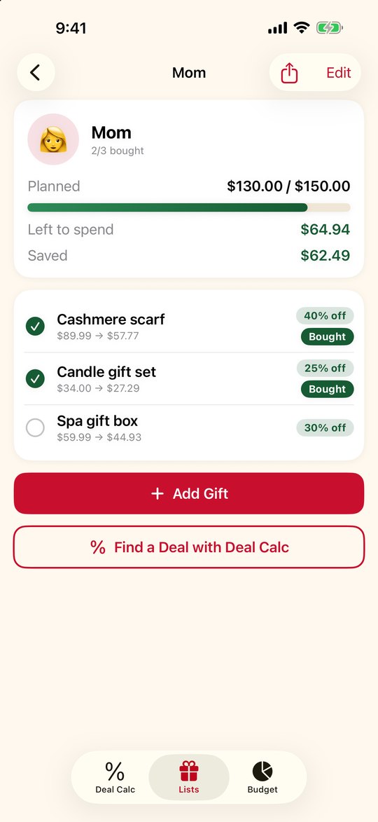 A gift list with items checked off