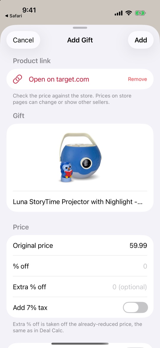 Add Gift screen filled in automatically with a product photo, name and price
