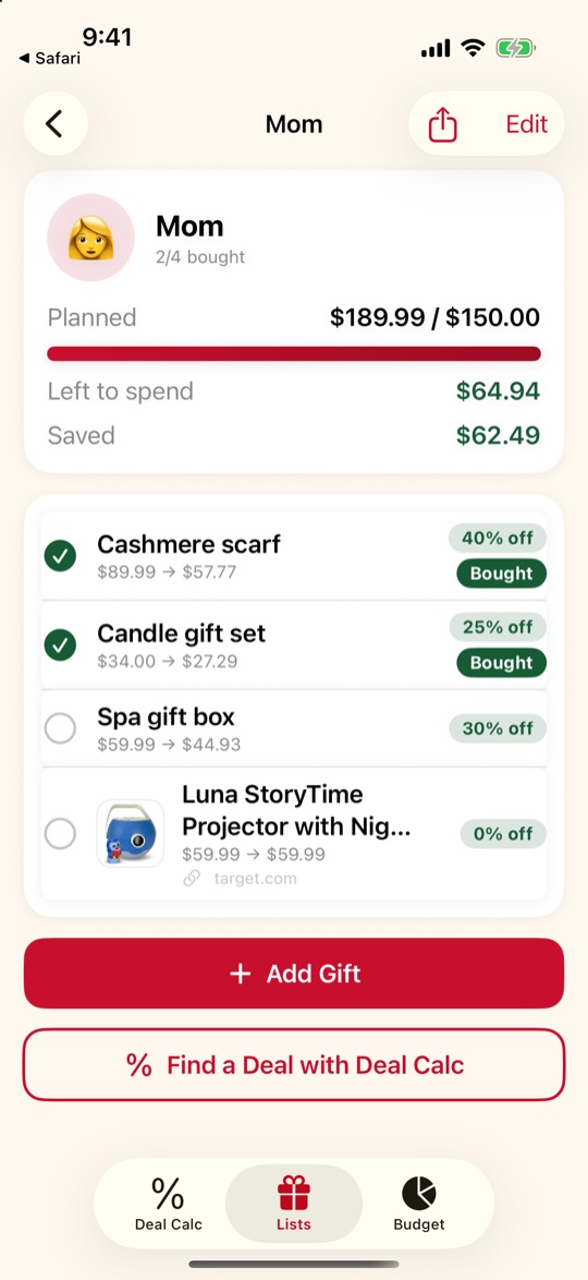A gift list showing a product thumbnail and the store it came from