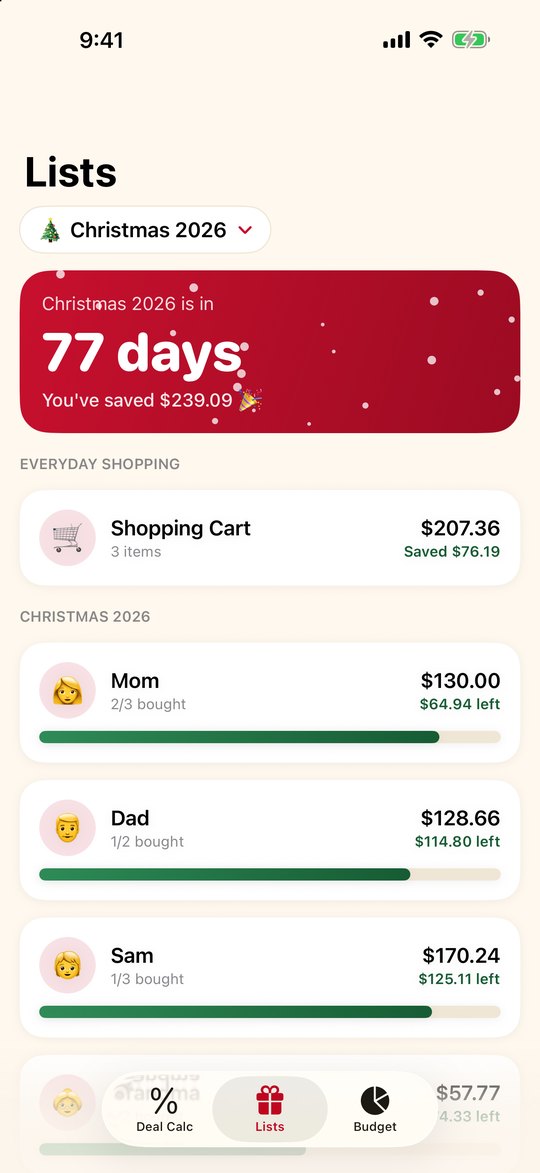Gift lists for each person with a countdown and budget left